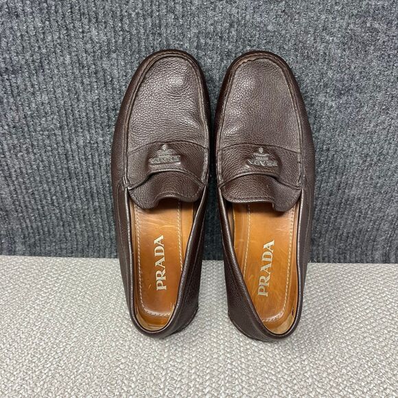 Prada Logo Pebbled Leather Driving Loafers Slip On Brown Italy Mens 7 2D2170 main image 8